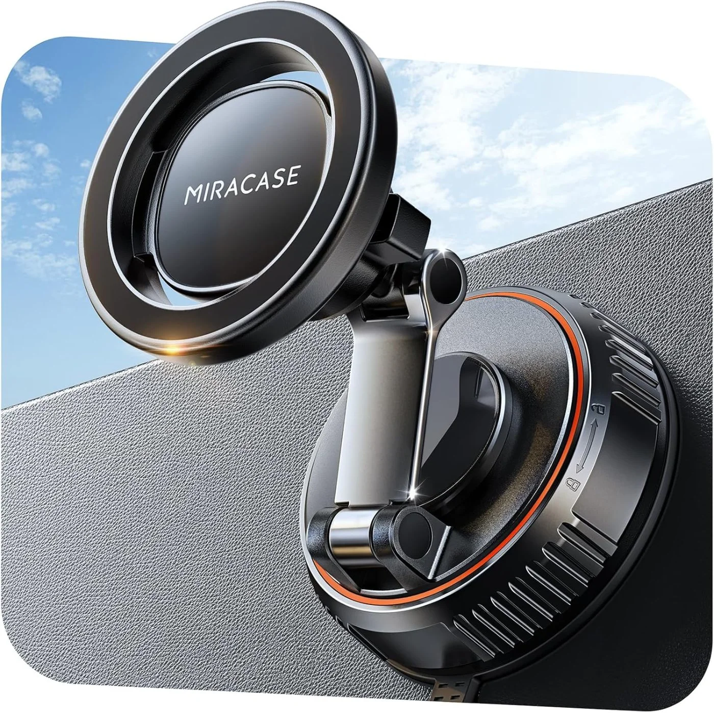 Zinc alloy arm of the phone mount adjusted on a dashboard